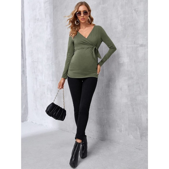 Maternity Solid Nursing v neck long sleeve Tee tie front black - Picture 9 of 11